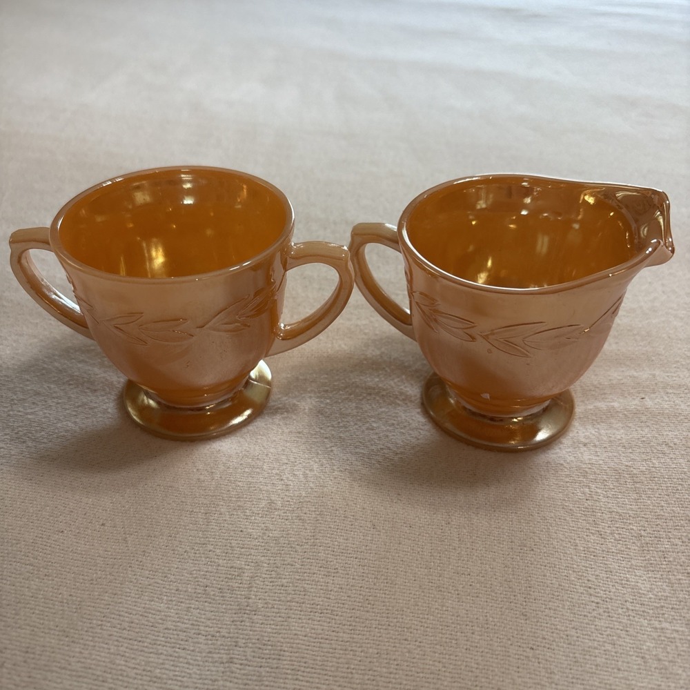 Vintage Fire King Peach Lusterware Creamer and Sugar Bowl‎ Laurel Leaf